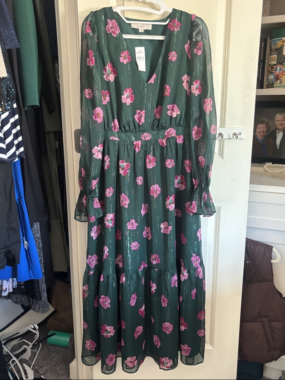 LOFT Green Maxi Dress with Pink Floral Print